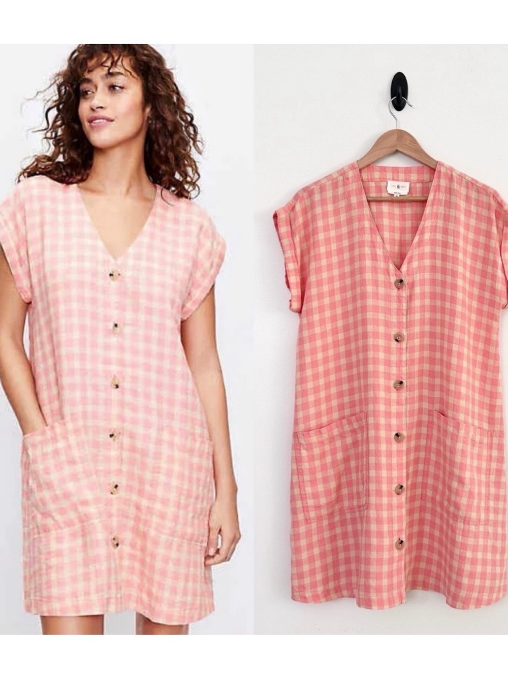 Lou & Grey Pink and Cream Gingham V-Neck Button Front Dress size Medium